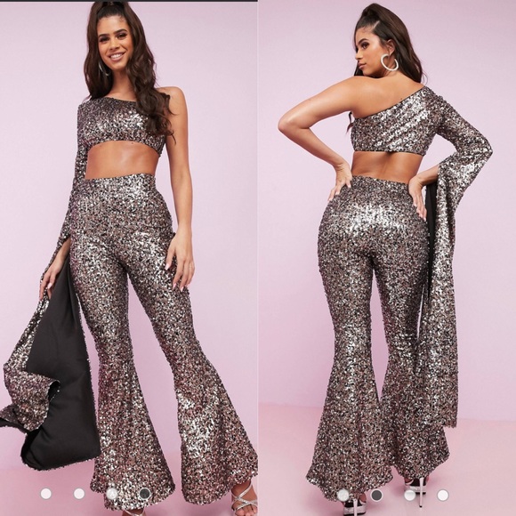 ASOS Pants - ASOS Luxe 1 Shoulder Sequin Maxi Sleeve Crop Top
